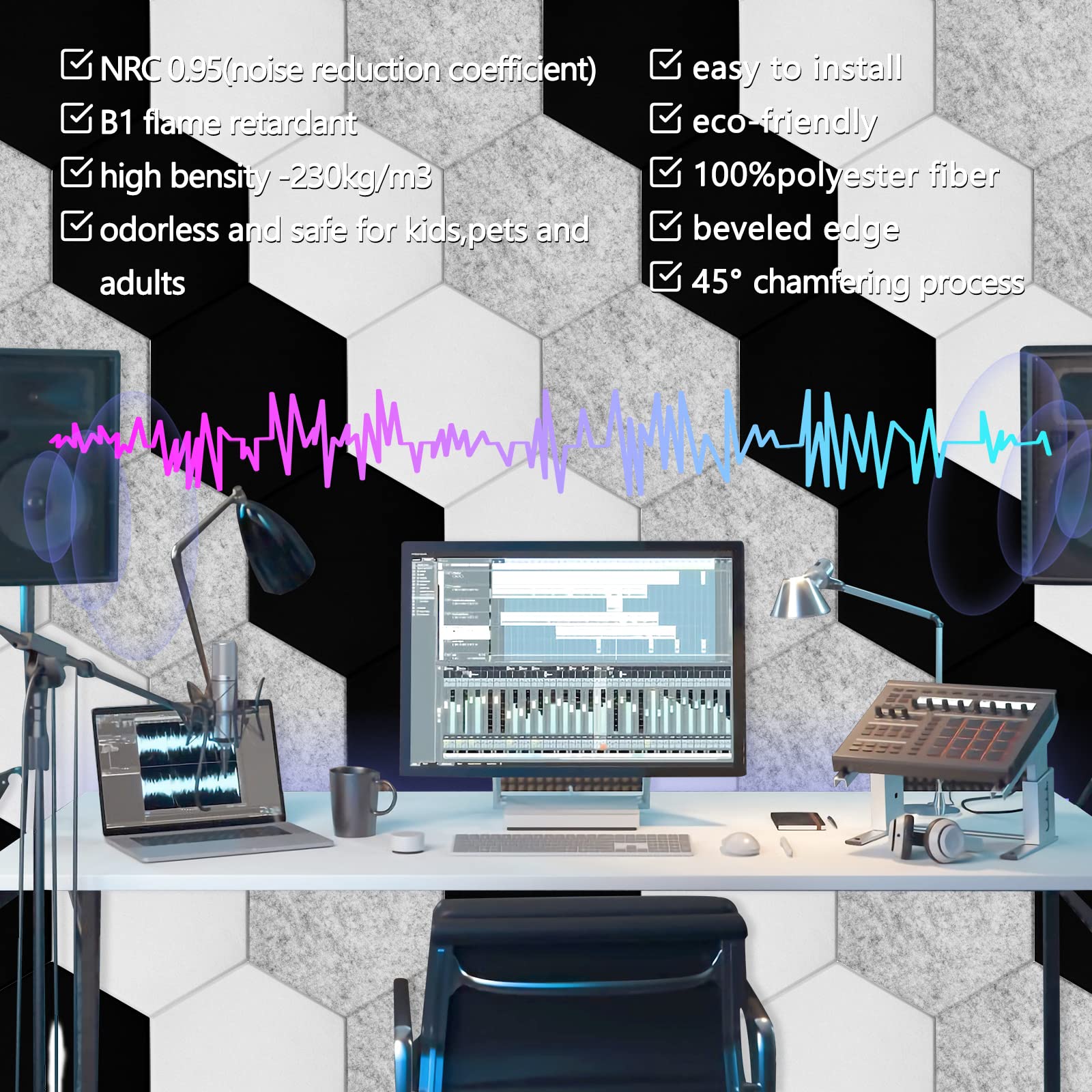 18 Pack Hexagon Acoustic Panels, 12'' X 10'' X 0.4'' High Density Sound Absorbing Panels Soundproof Wall Panels For Home Sound p